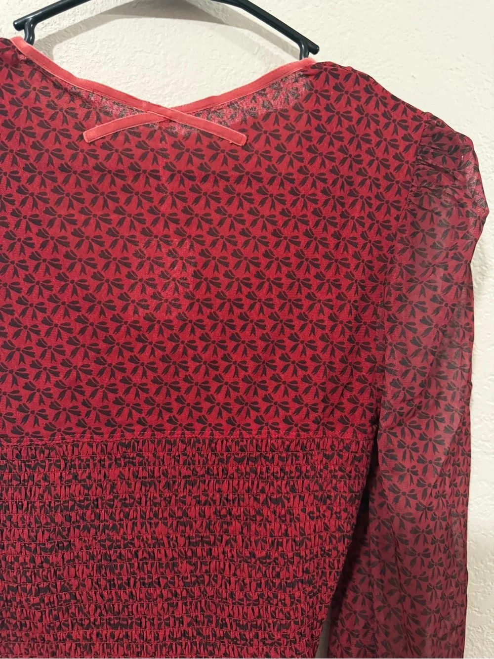 Free People Dottie Bow Print Sheer Sleeve Smocked Top Size Small